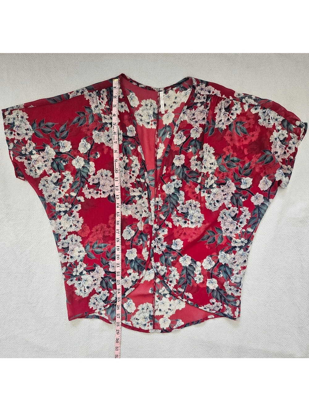 Elle CLO Red Floral Sheer Boho Kimono Cardigan Open Front Medium - Picture 8 of 9
